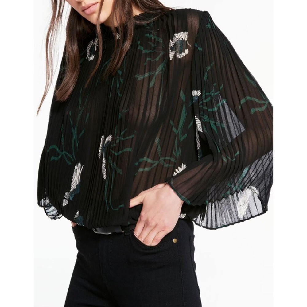 ba&sh Pleated Floral Blouse | Sheer Black Long Sleeve Top | Size 1